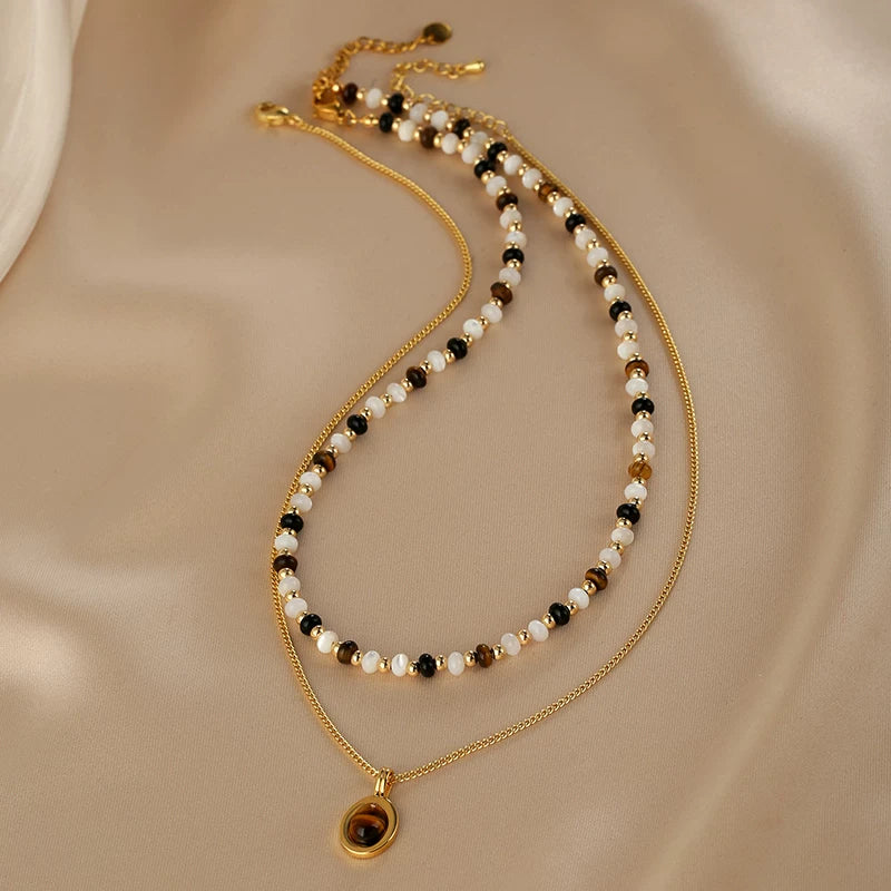 Double Layer Mother-of-Pearl Necklace for Women – Tiger Eye Stone Pendant Agate Clavicle Chain
