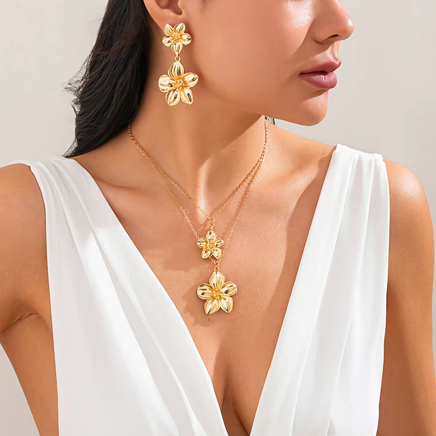 Metal Striped Flower Earrings & Necklace Set – Matching Jewelry Set Design