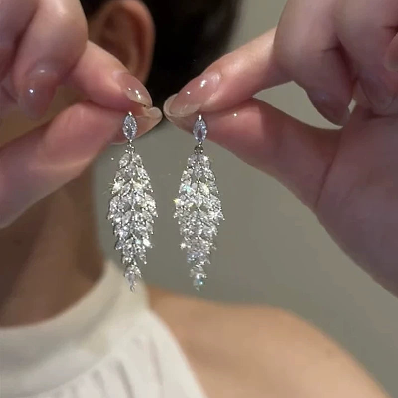 Sparkling Crystal Tassel Earrings for Women – S925 Silver Needle Long Drop Evening Earrings