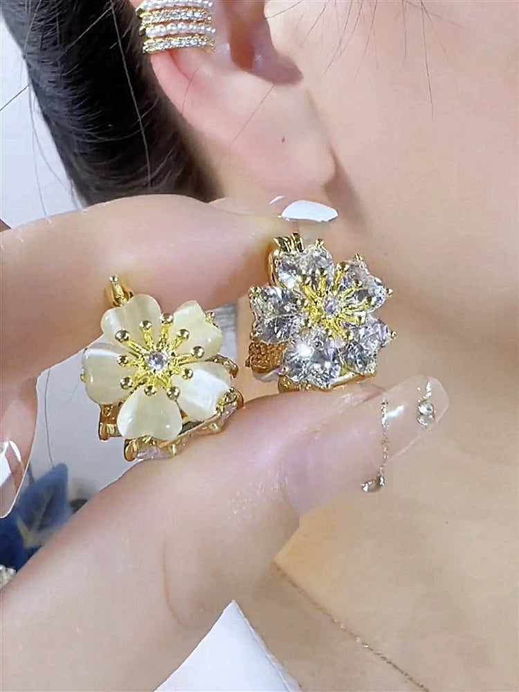 Cat Eye Zircon Flower Two-Way Earrings for Women – Ear Buckle Convertible Fashion Earrings