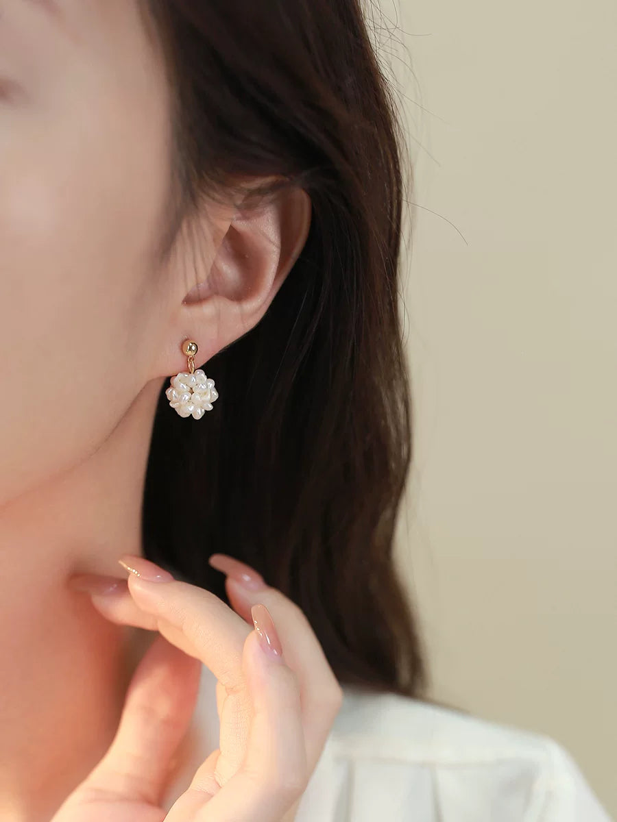 Natural Pearl Flower Earrings for Women – French Style Millet Bead Braided S925 Silver Needle Earrings