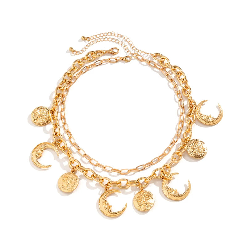 2-Piece Face & Crescent Cross Necklace Set for Women – European & American Summer Fashion