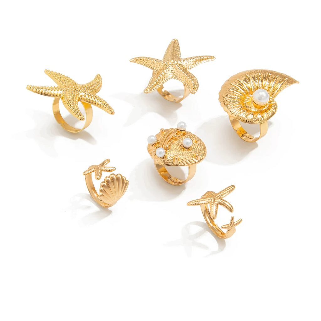 6-Piece Starfish, Scallop And Conch Ring Set. Hip-Hop Fashion Trend. Cool Accessories For Seaside Travel And Vacation.