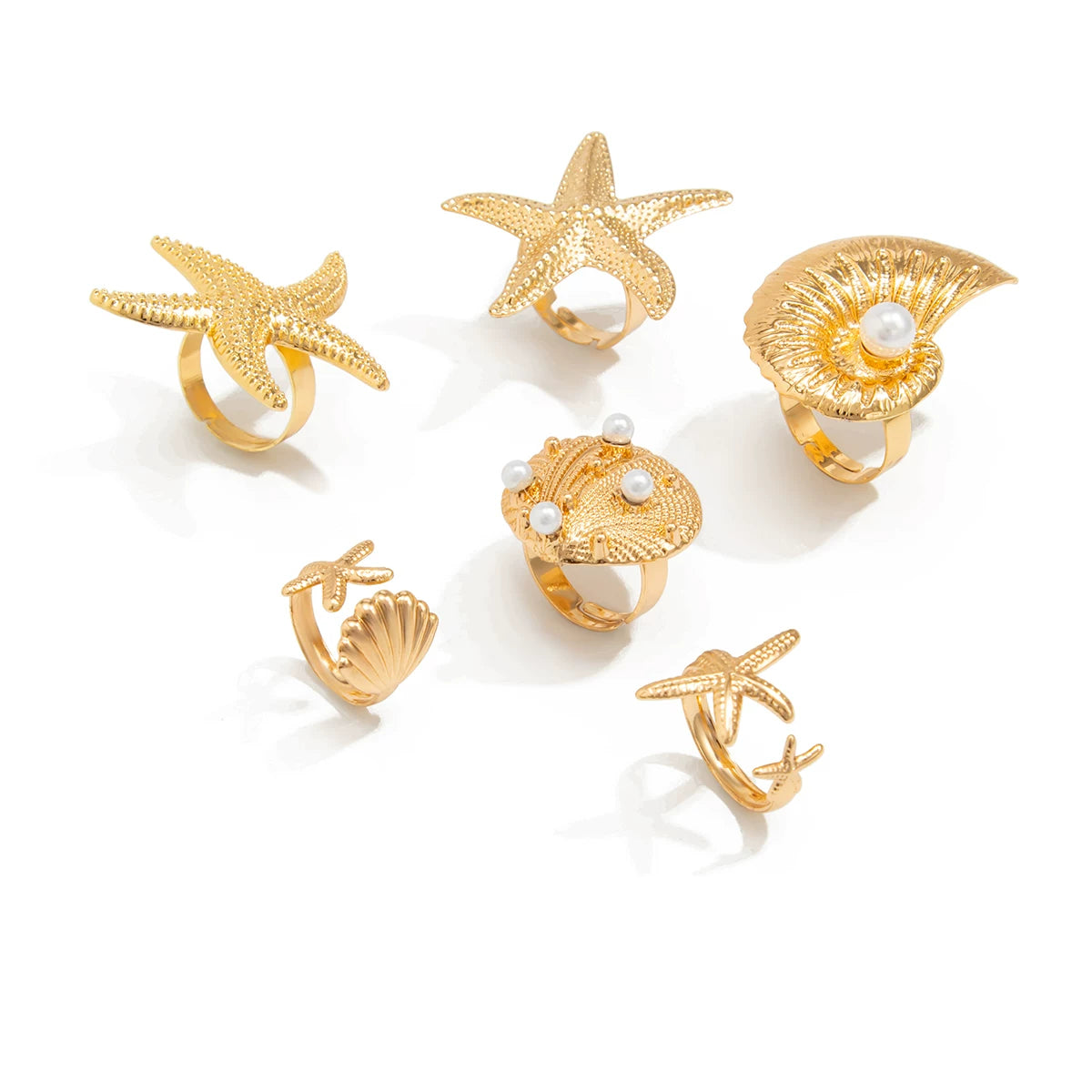 6-Piece Starfish, Scallop And Conch Ring Set. Hip-Hop Fashion Trend. Cool Accessories For Seaside Travel And Vacation.