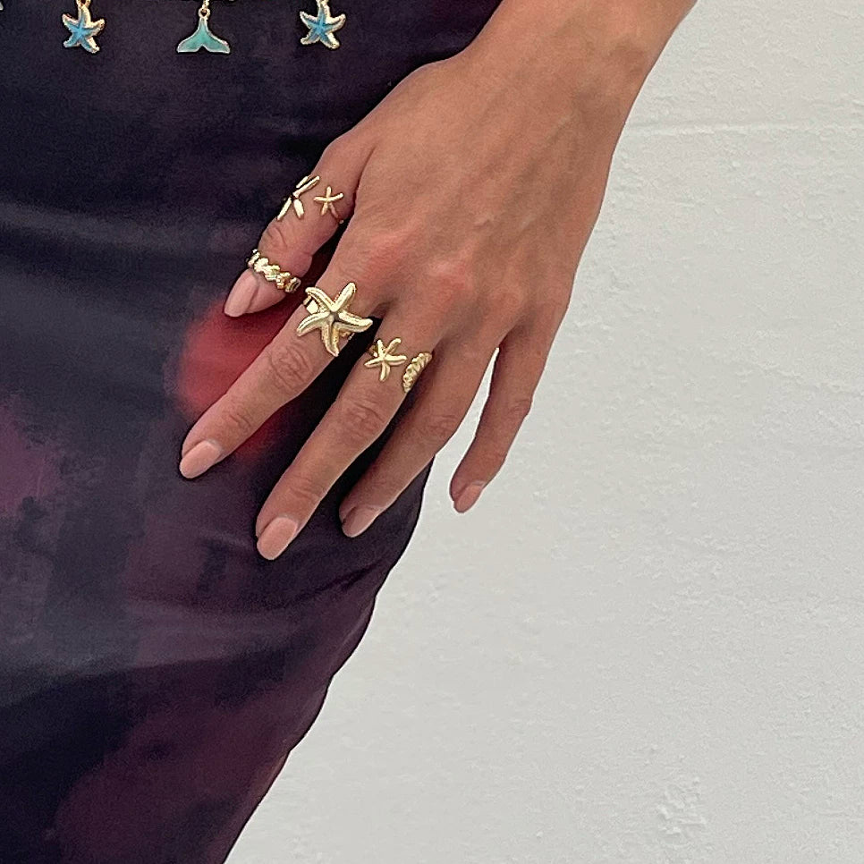 4-Piece Starfish Scallop Ring Set, European And American Summer Trendy Design, Fashionable Seaside Travel And Vacation Matching Accessories