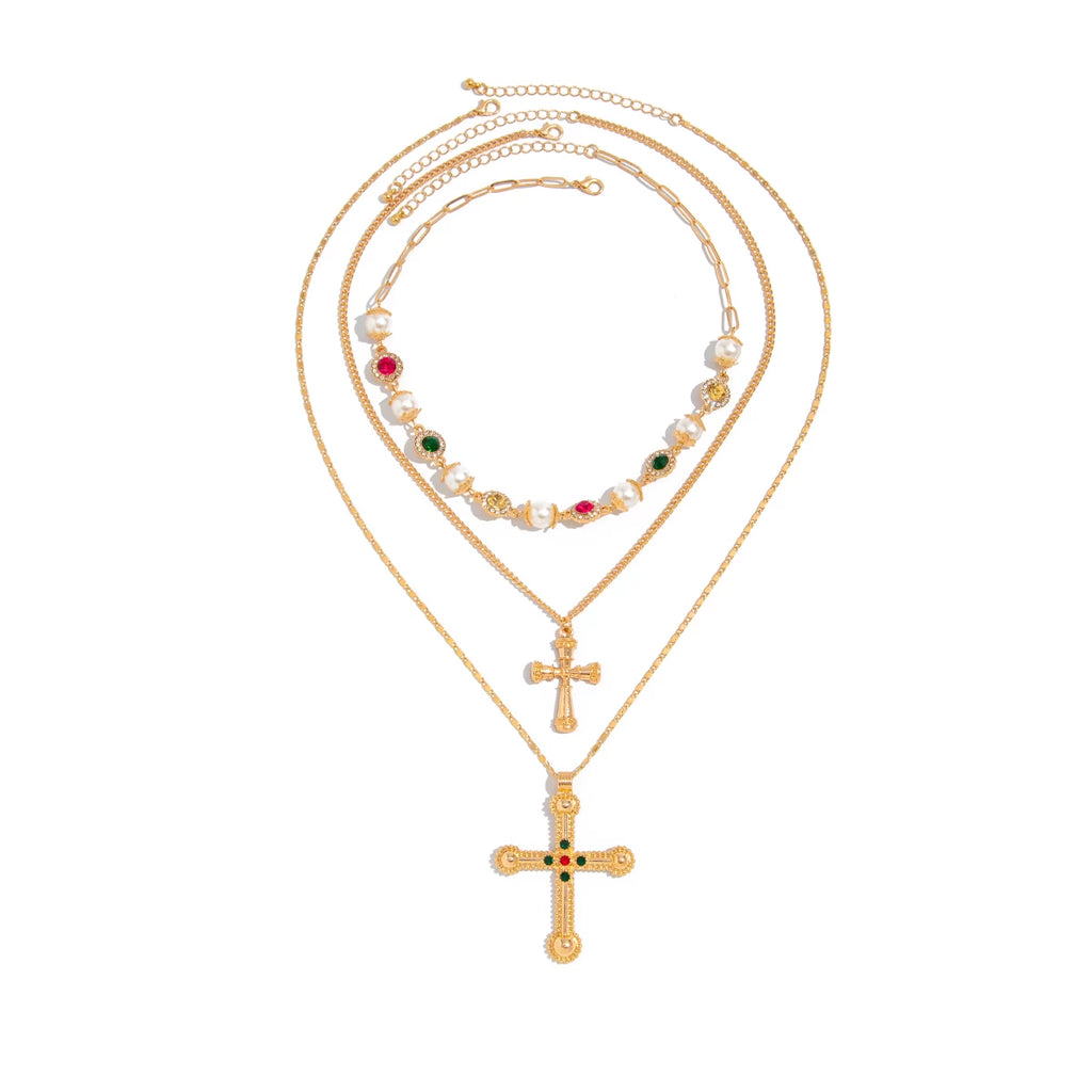 3-Piece Diamond-Style Cross Necklace Set for Women – Layered Clavicle Chain Design