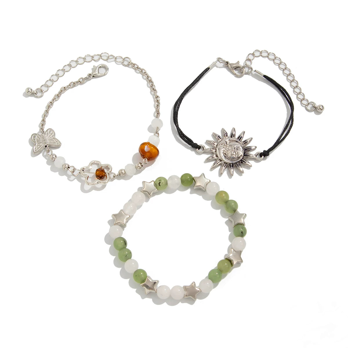 3-Piece Mushroom Crystal-Style Leather Wax Cord Bracelet Set – Summer Retro Stacking Hand Jewelry for Women