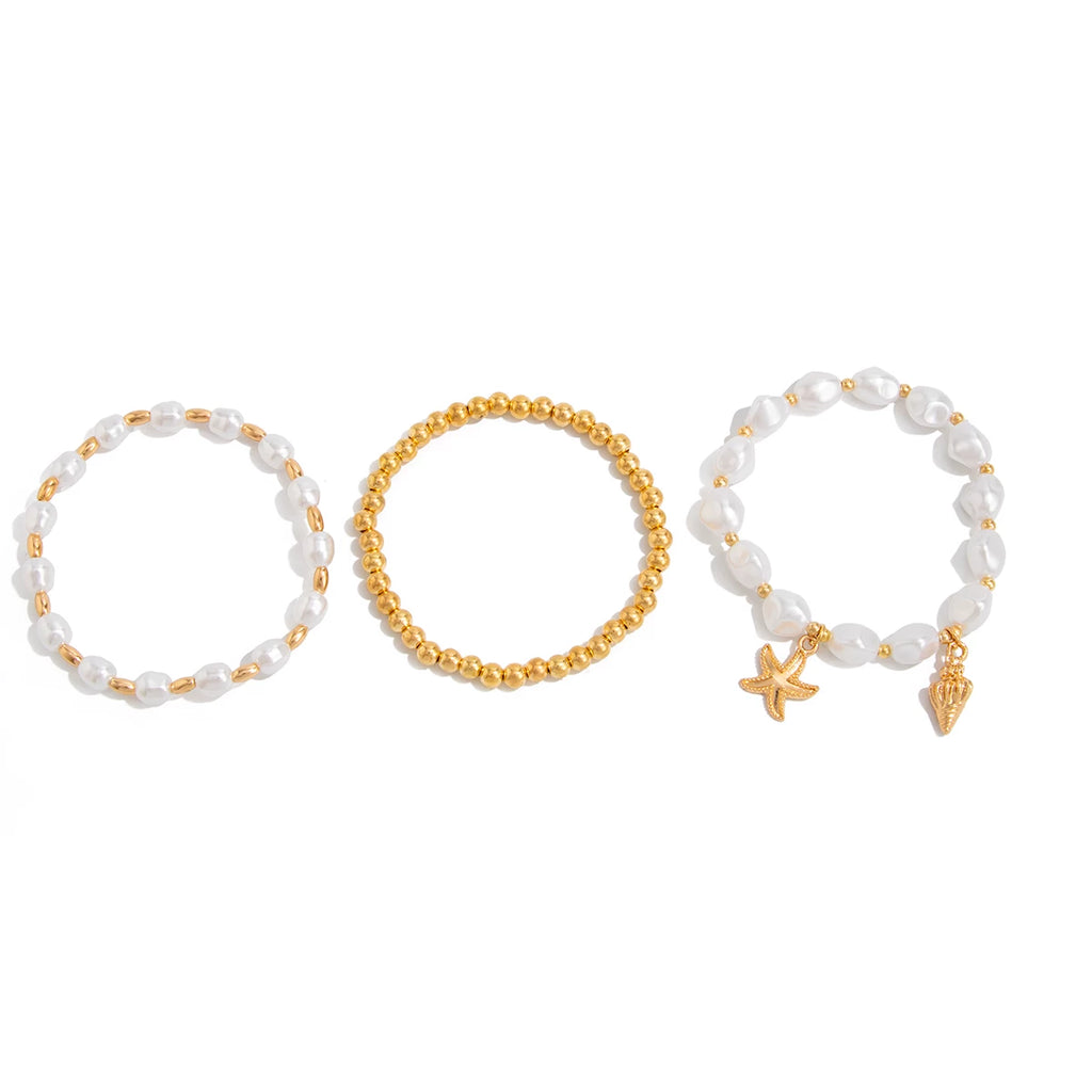 3-Piece Starfish & Conch Imitation Pearl CCB Hand Jewelry Set for Women – European & American Trendy Seaside Vacation Accessories