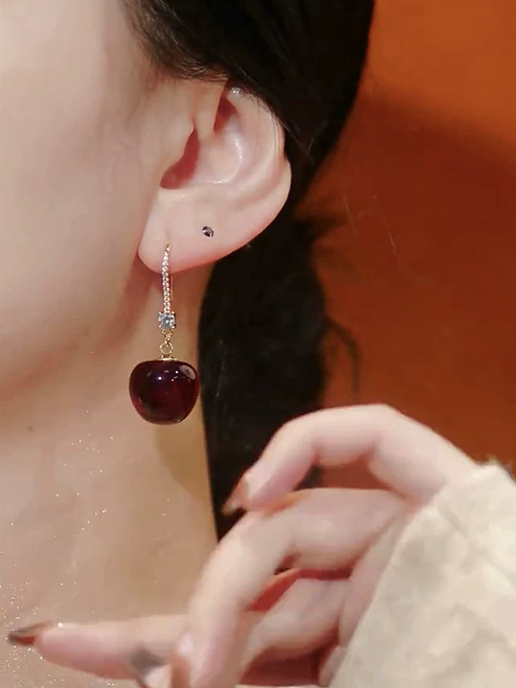 Red Cherry Earrings for Women – Silver Needle Ear Hook Earrings, Lightweight Fruit Design Fashion Jewelry