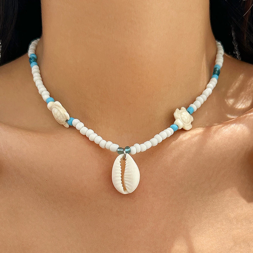 Antique Starfish & Turtle Shell Pendant Rice Bead Necklace for Women – Clavicle Chain Design