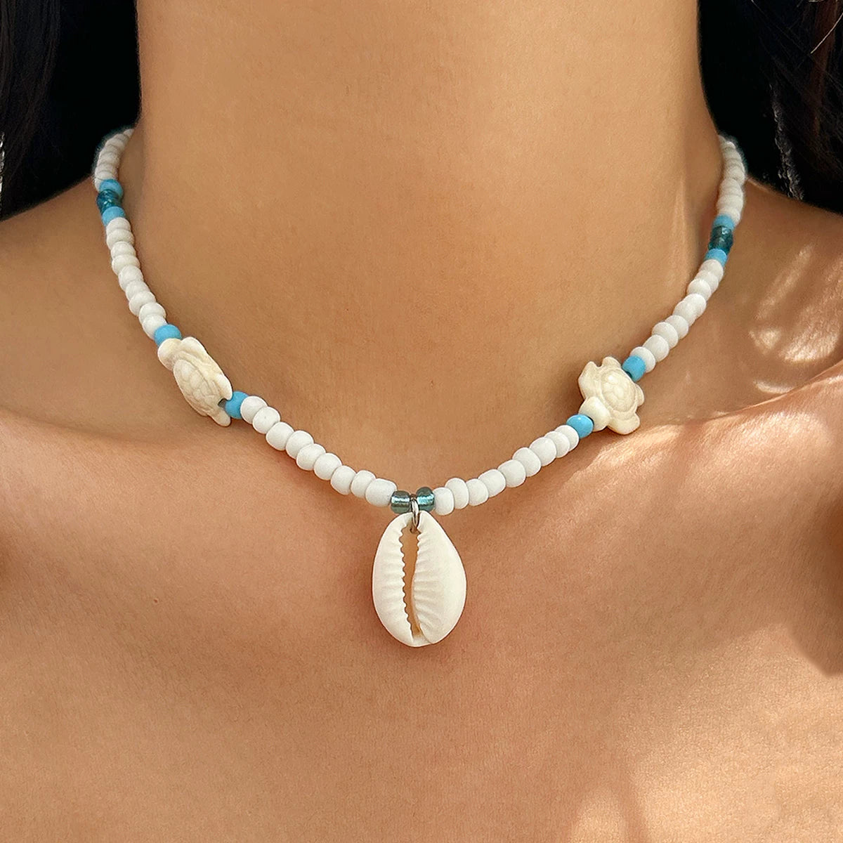 Antique Starfish & Turtle Shell Pendant Rice Bead Necklace for Women – Clavicle Chain Design