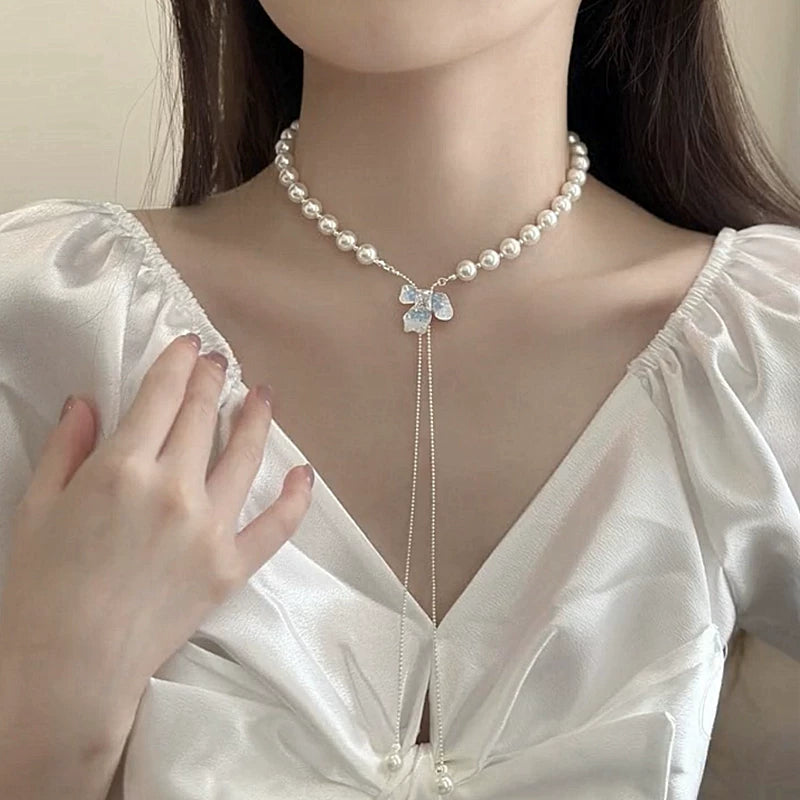 Ice Blue Iris Bead Necklace for Women – French Style Clavicle Chain, Minimalist Fashion Jewelry