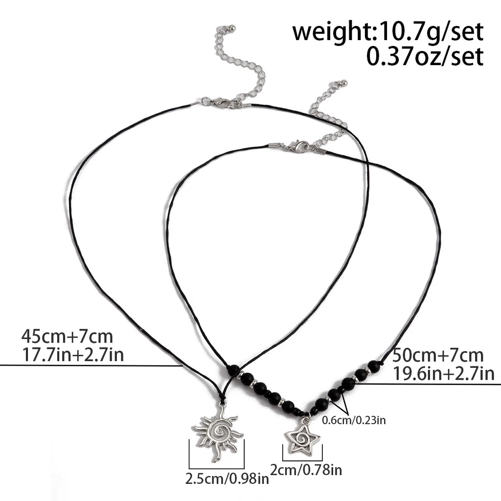 2-Piece Sun & Five-Pointed Star Frosted Bead Wax Thread Necklace Set – Long Clavicle Chain Design