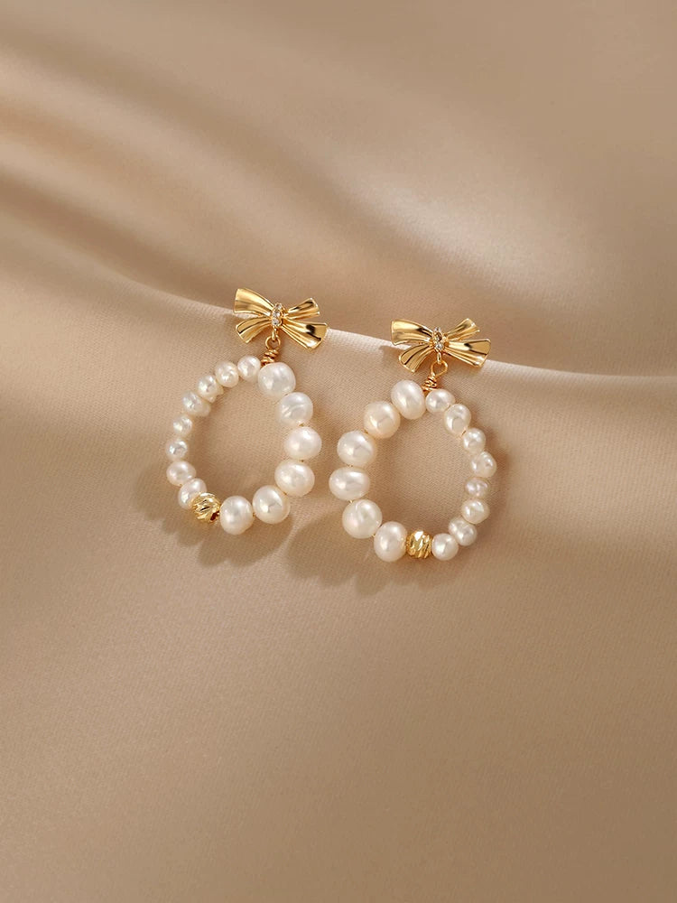 Small Bow Natural Pearl Stud Earrings for Women – S925 Silver Needle Minimalist Earrings