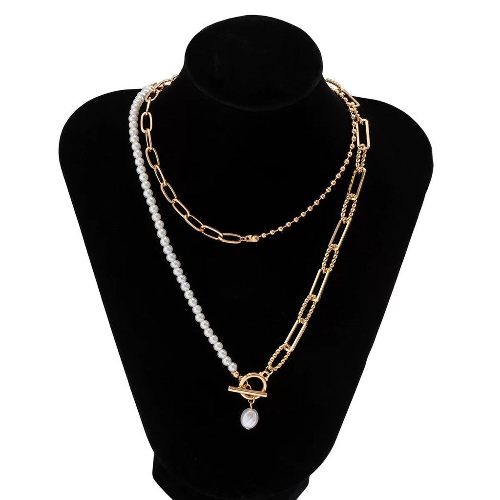 Love V Double Chain Necklace for Women – European & American Trendy OT Buckle Clavicle Chain, Retro Imitation Pearl Layered Jewelry