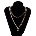 Love V Double Chain Necklace for Women – European & American Trendy OT Buckle Clavicle Chain, Retro Imitation Pearl Layered Jewelry