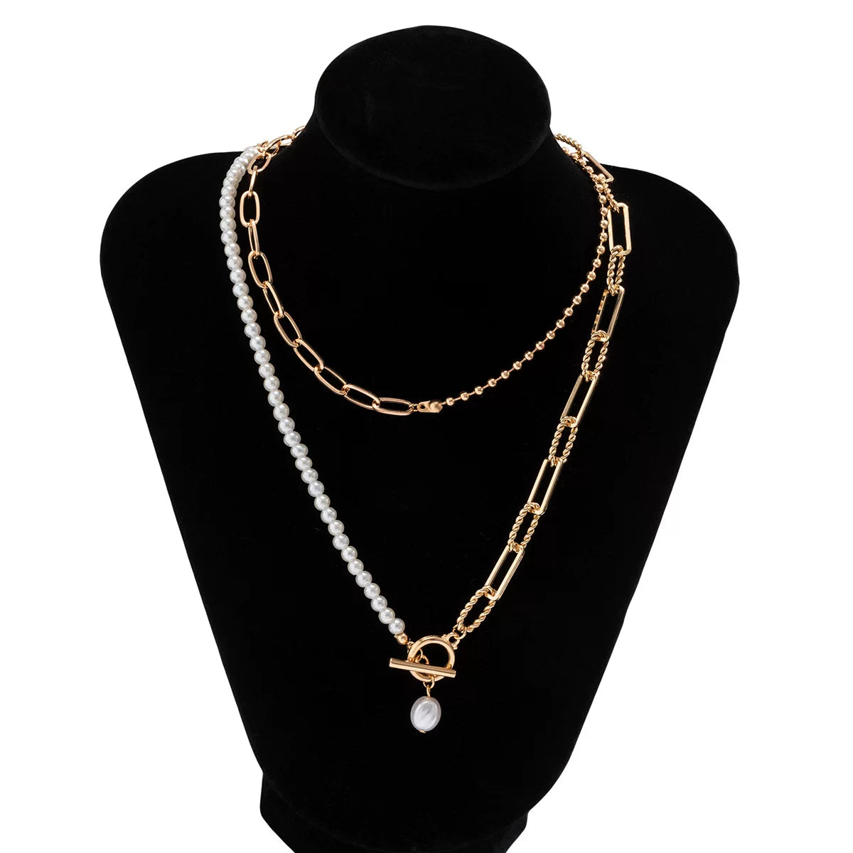 Love V Double Chain Necklace for Women – European & American Trendy OT Buckle Clavicle Chain, Retro Imitation Pearl Layered Jewelry