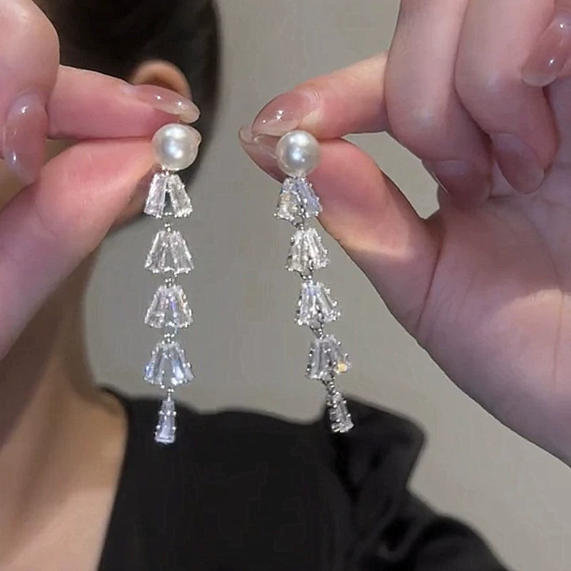 Zircon Pearl Tassel Earrings for Women – S925 Silver Needle Long Drop Fashion Earrings