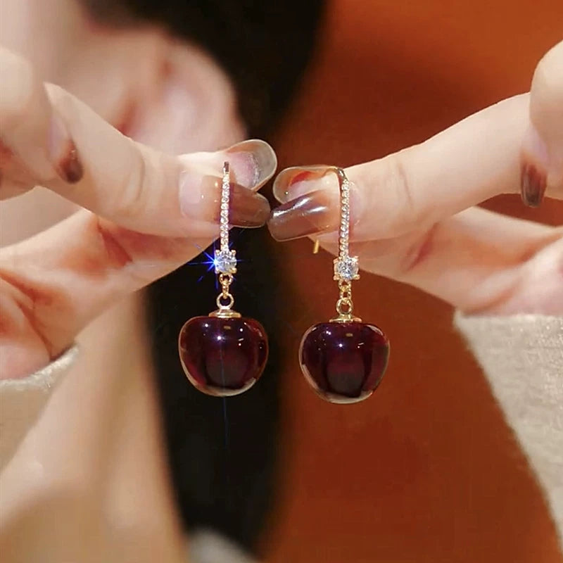 Red Cherry Earrings for Women – Silver Needle Ear Hook Earrings, Lightweight Fruit Design Fashion Jewelry