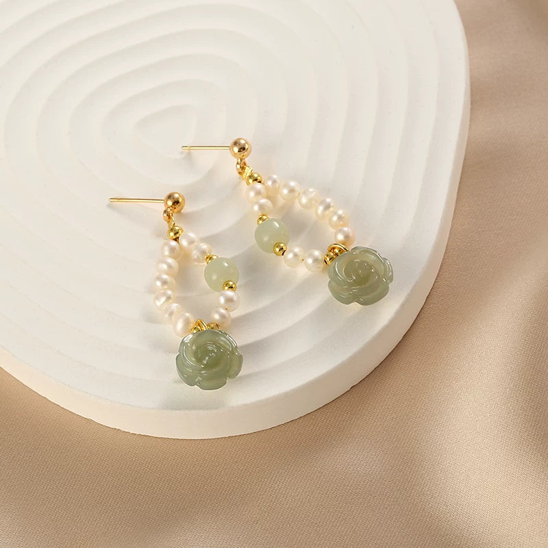 Freshwater Pearl Hetian Jade Rose Earrings for Women – Floral Summer Fashion Earrings