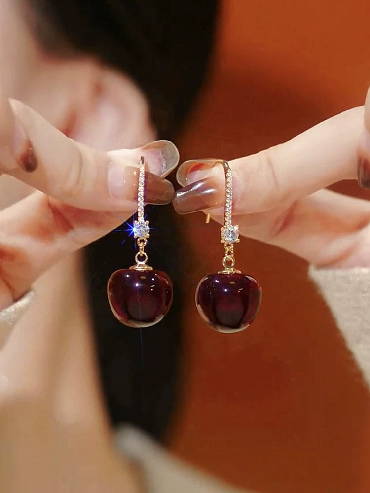 Red Cherry Earrings for Women – Silver Needle Ear Hook Earrings, Lightweight Fruit Design Fashion Jewelry