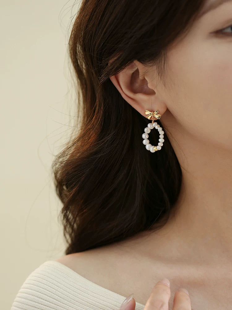 Small Bow Natural Pearl Stud Earrings for Women – S925 Silver Needle Minimalist Earrings