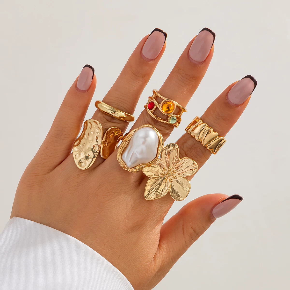 6-Piece Baroque Flower Imitation Pearl Ring Set, Trendy Personalized Fashion Internet Celebrity Style Ring Set