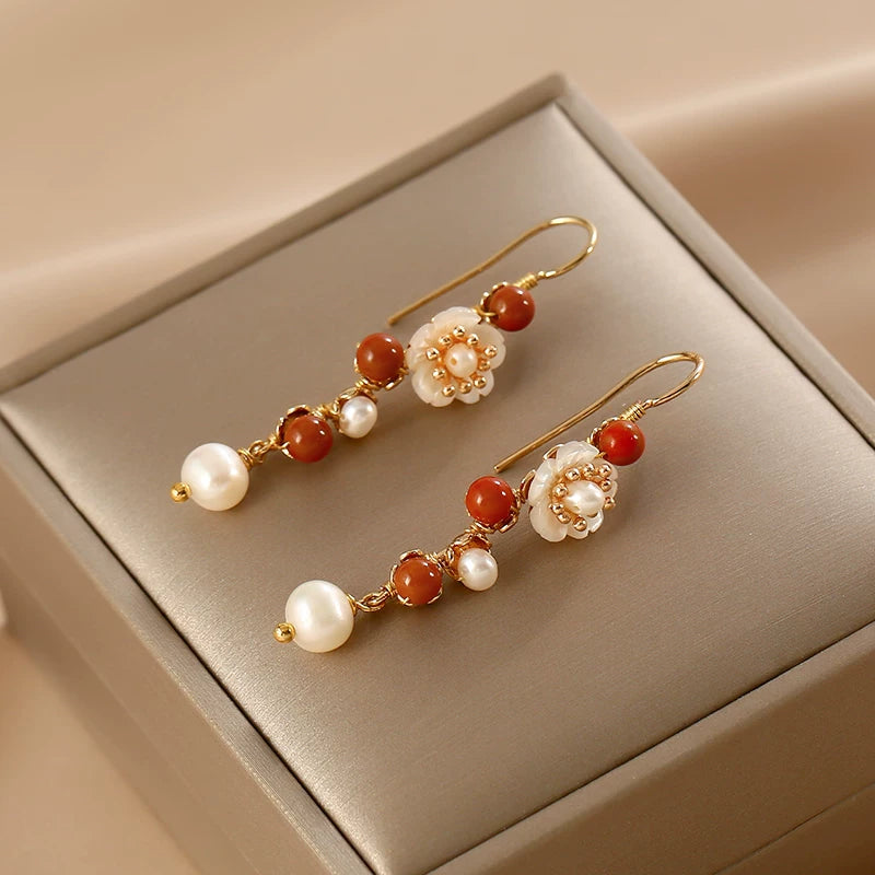 Natural Pearl Southern Red Agate Flower Earrings for Women – Braided Long Drop Fashion Earrings