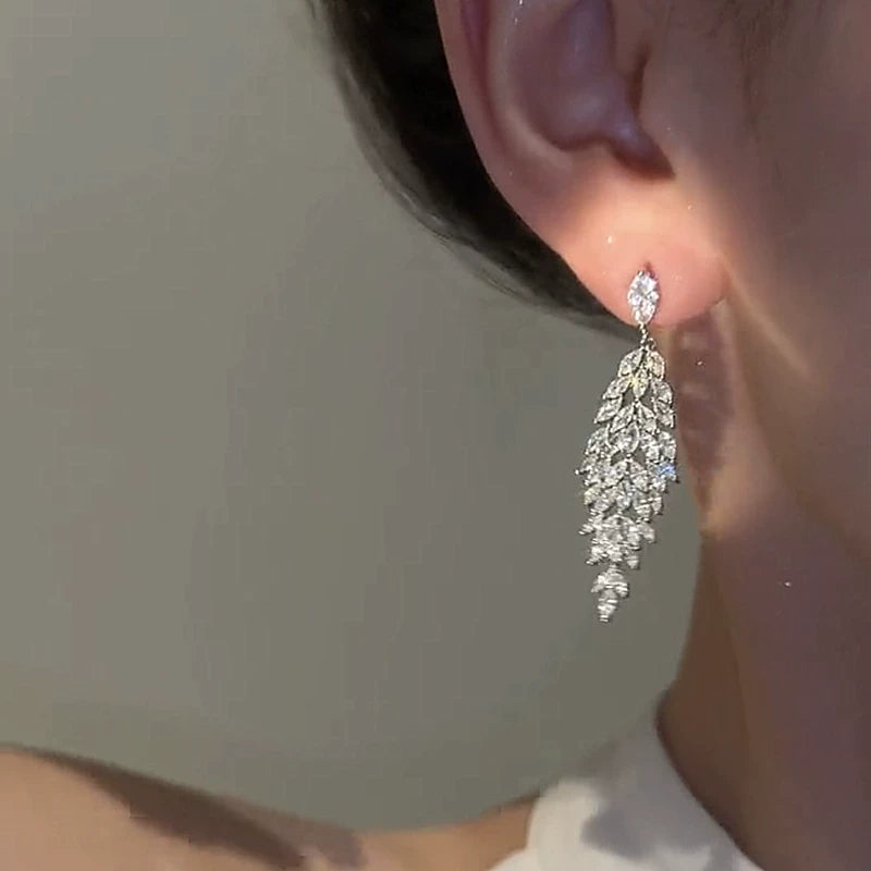 Sparkling Crystal Tassel Earrings for Women – S925 Silver Needle Long Drop Evening Earrings