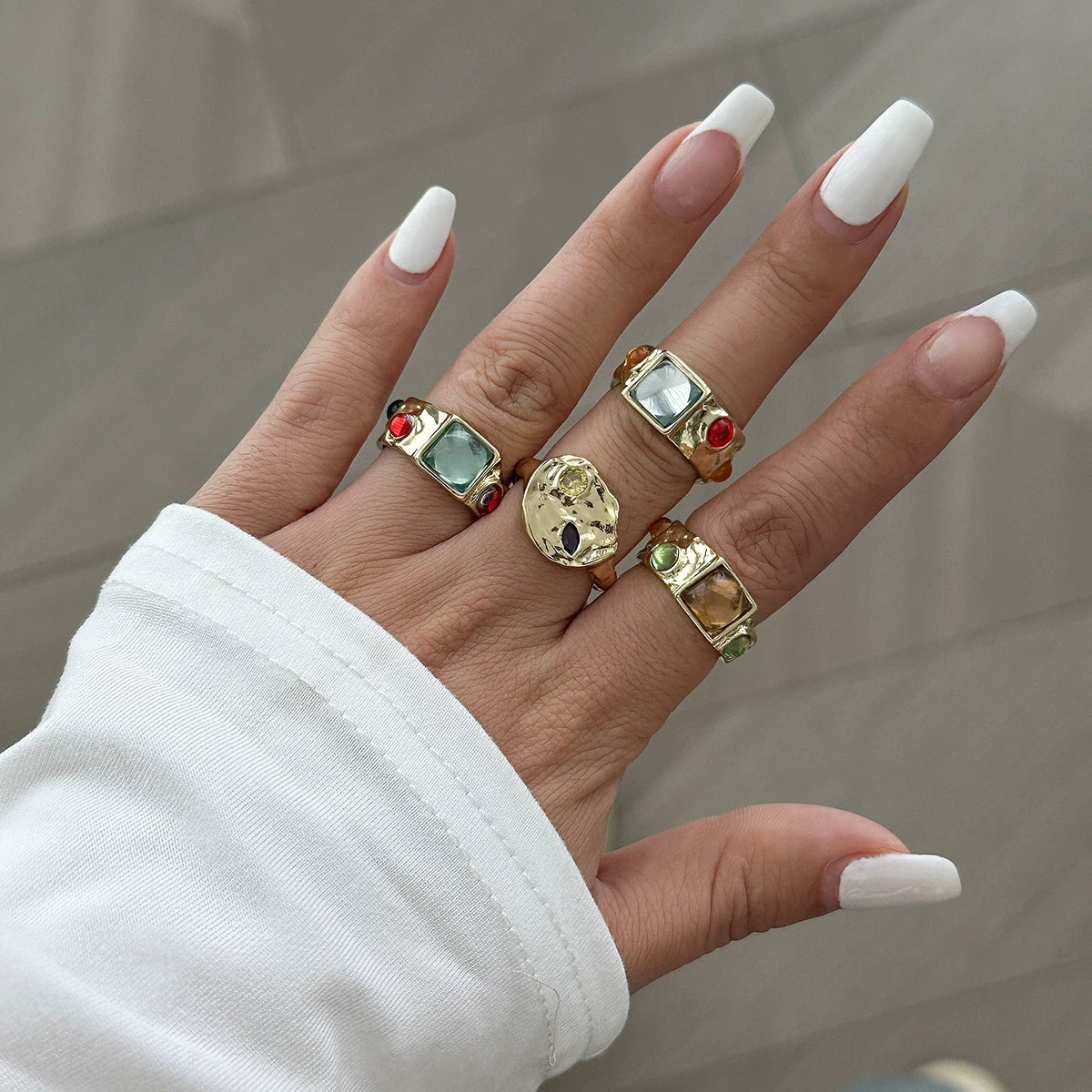4 Piece Color Gemstone Ring Set European And American Autumn Trendy Up To Luxury Niche Design Photo Travel Accessories