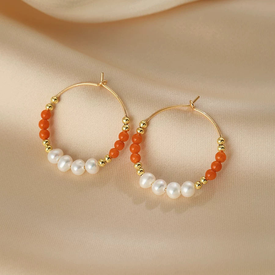 Natural Freshwater Pearl Red Agate Circle Earrings for Women – Chinese Style Round Fashion Earrings