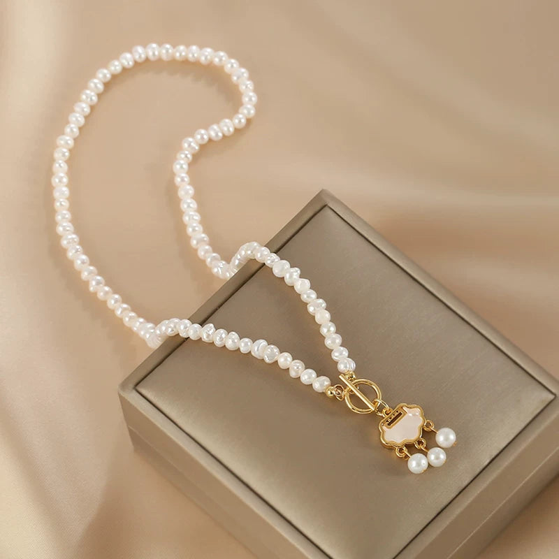 Natural Freshwater Pearl OT Buckle Necklace for Women – Vintage Style Clavicle Chain Gift Necklace