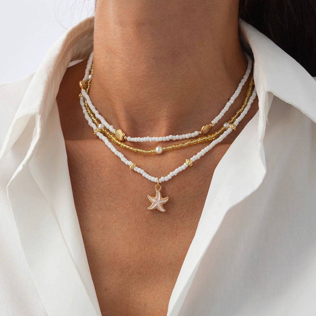 3-Piece Starfish & Scallop Rice Bead Necklace Set – Summer Beach Style for Women