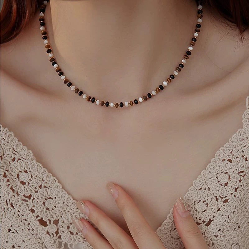Natural Tiger Eye Stone Colorful Beaded Necklace for Women – Vintage Style Fashion Necklace