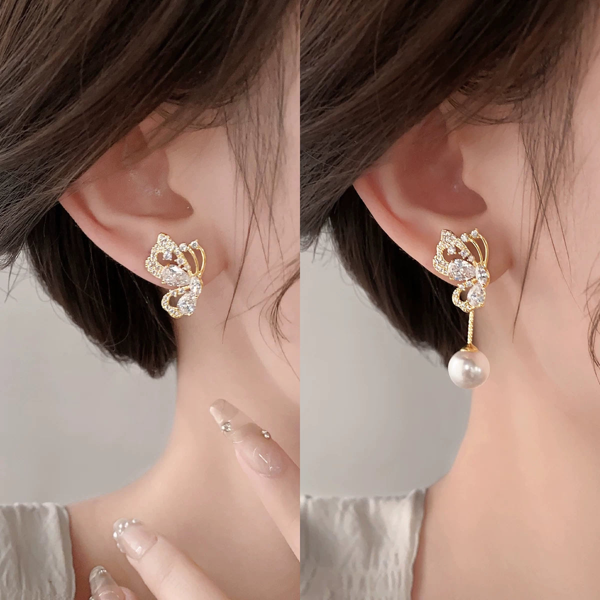 Convertible Butterfly Earrings with Cubic Zirconia & Imitation Pearl for Women – S925 Silver Post, 2025 Trendy Fashion Jewelry