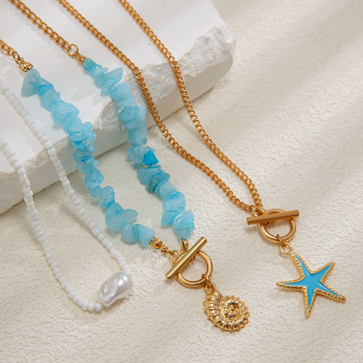 3-Piece Starfish Imitation Turquoise & Rice Bead Necklace Set – Layered Clavicle Chain Design