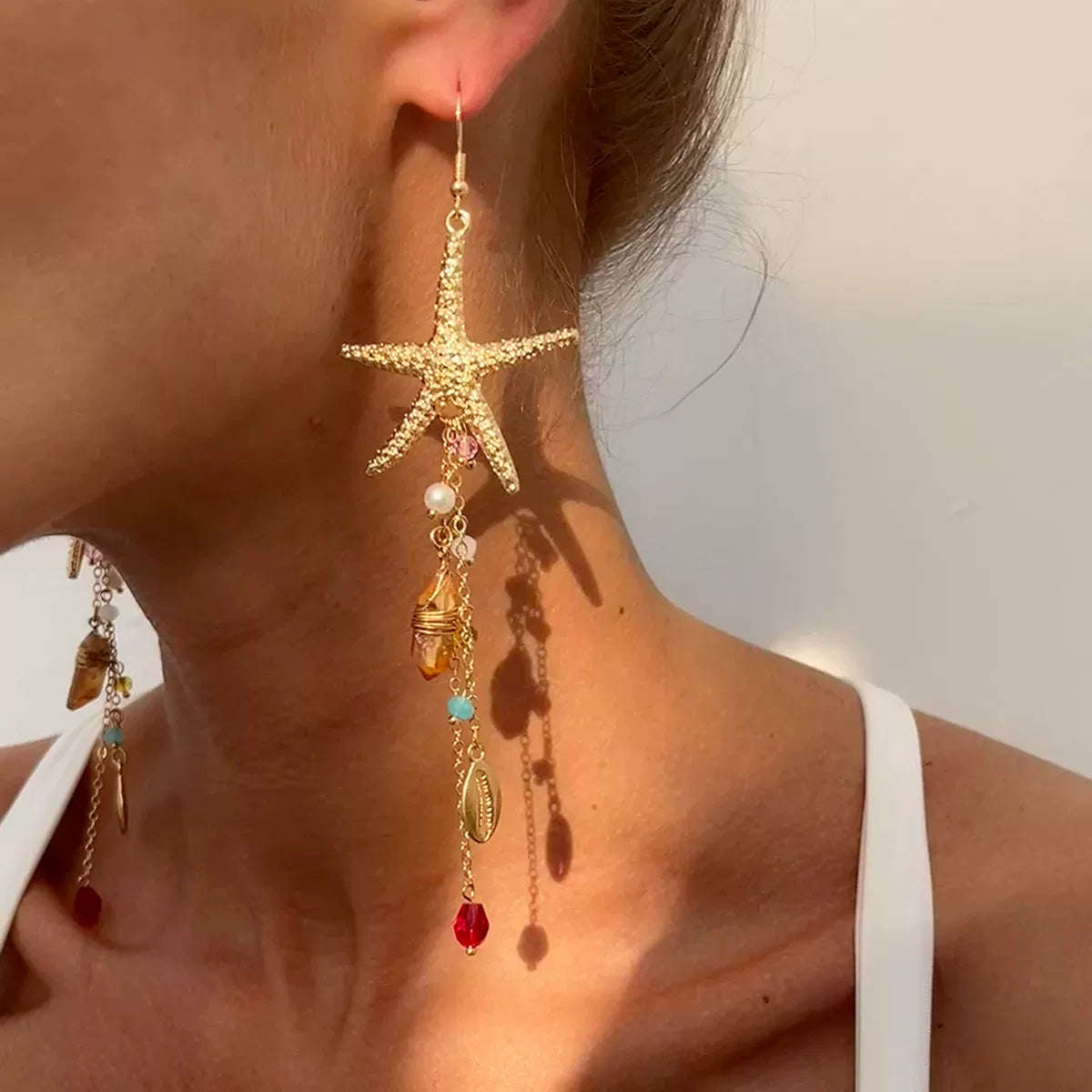 Irregular Crystal Starfish Shell Earrings for Women – 2025 Summer Seaside Vacation Fashion Jewelry Travel Accessories