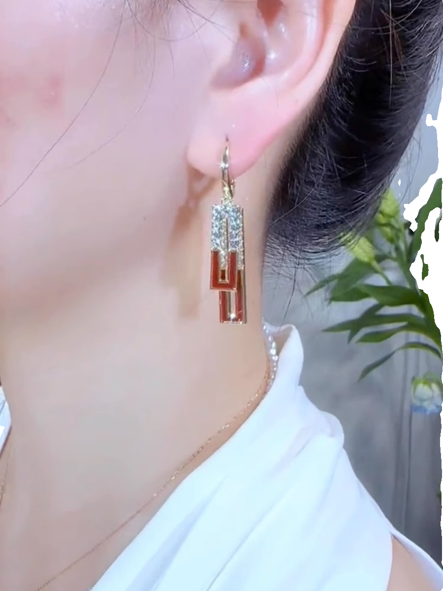 Clearance Red Enamel-Style Sparkling Earrings for Women – Gold-Tone Fashion Jewelry Accessories