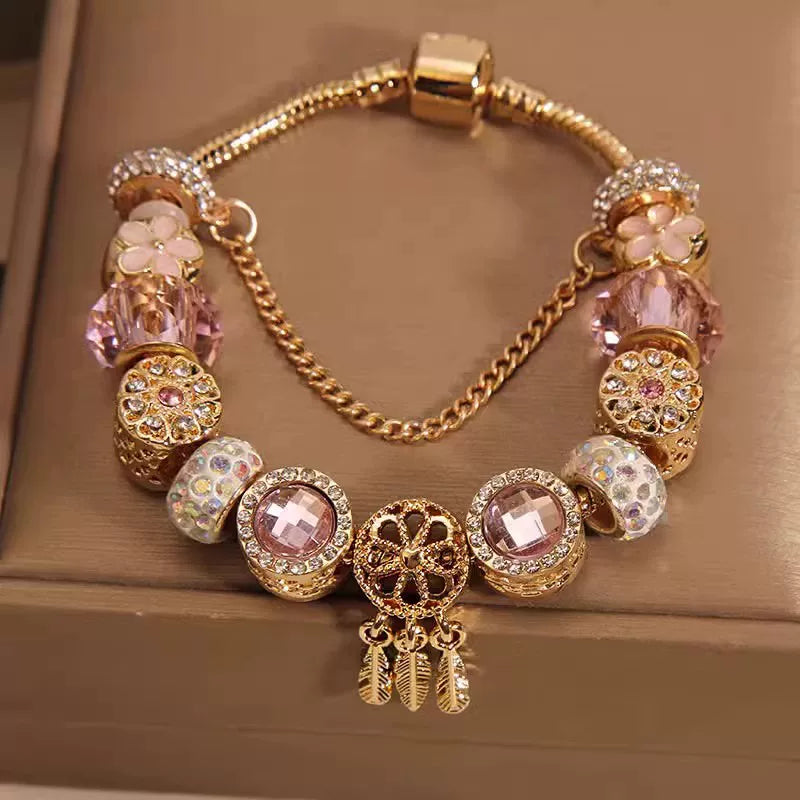 French-Style Dream Catcher Pendant Glass Bead Bracelet for Women – Retro Minimalist Fashion Charm Jewelry
