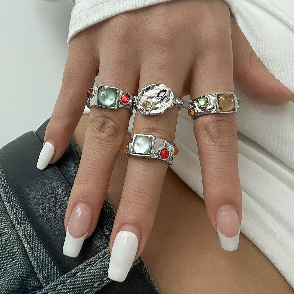 4 Piece Color Gemstone Ring Set European And American Autumn Trendy Up To Luxury Niche Design Photo Travel Accessories