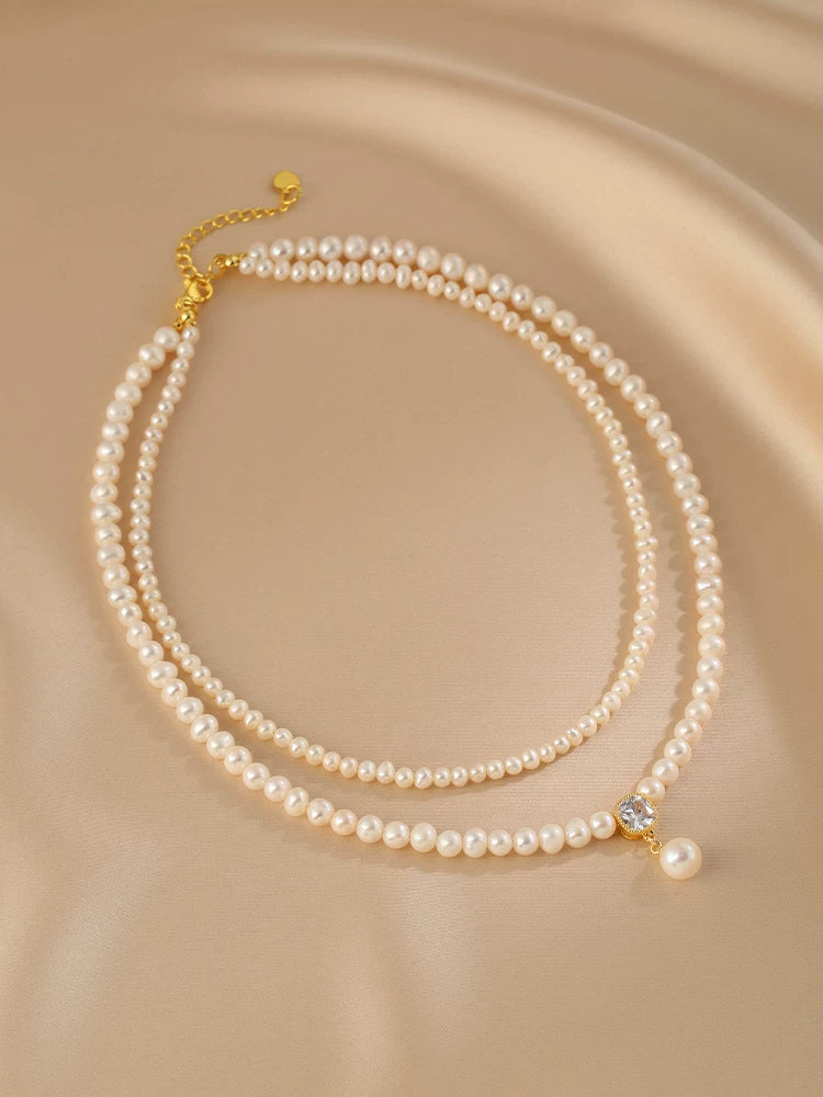 Natural Pearl Rice Bead Double Layer Necklace for Women – Vintage Style Clavicle Chain