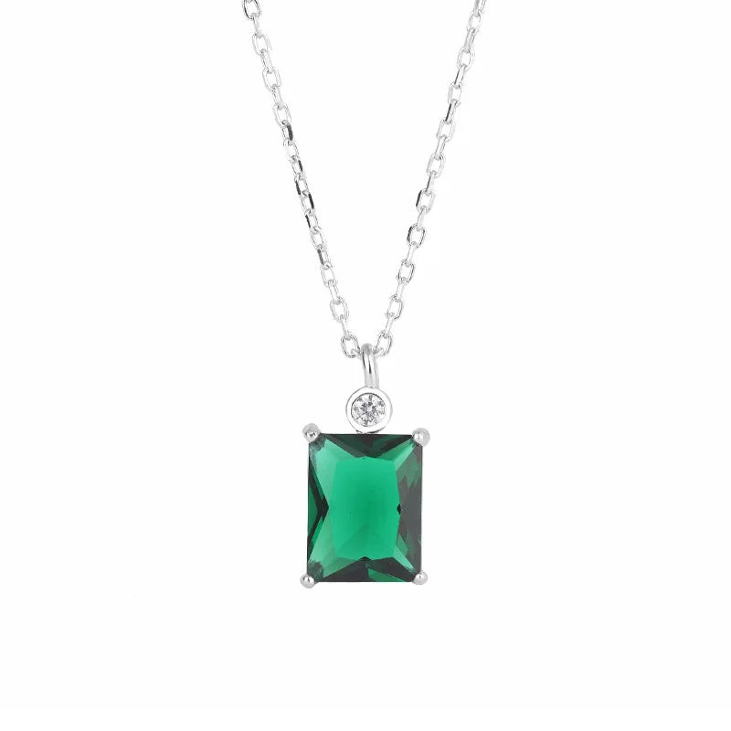 Sterling Silver Square Green Zircon Necklace for Women – Vintage Style Clavicle Chain