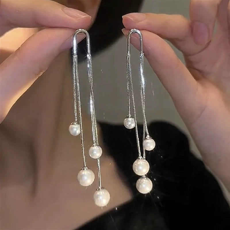 S925 Silver Needle Pearl Tassel Earrings for Women – Long Drop Korean Style Earrings, Lightweight Fashion Jewelry