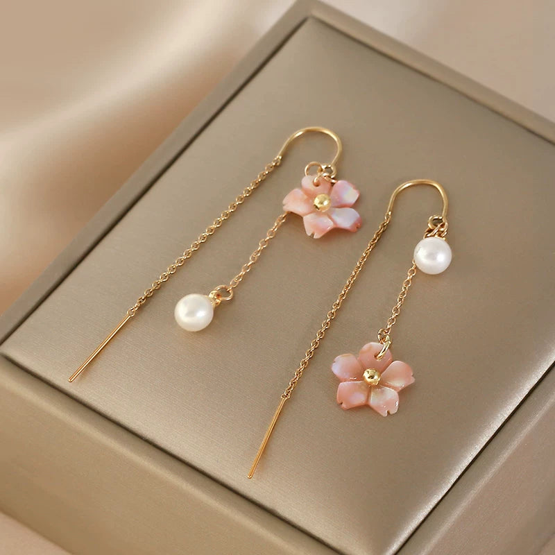 Natural Freshwater Pearl Long Flower Earrings for Women – Retro Style Drop Fashion Earrings