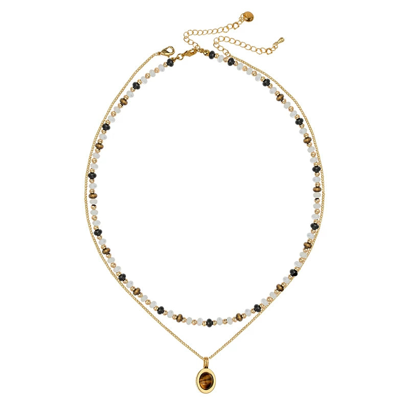 Double Layer Mother-of-Pearl Necklace for Women – Tiger Eye Stone Pendant Agate Clavicle Chain