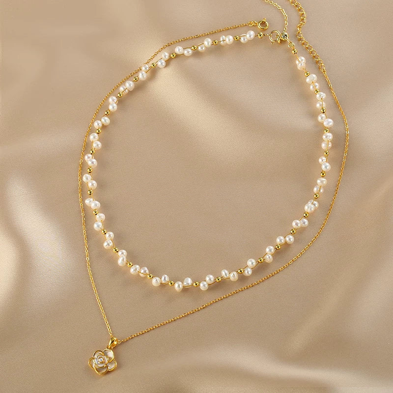 Double Layer Braided Pearl Necklace for Women – Camellia Pendant Clavicle Chain