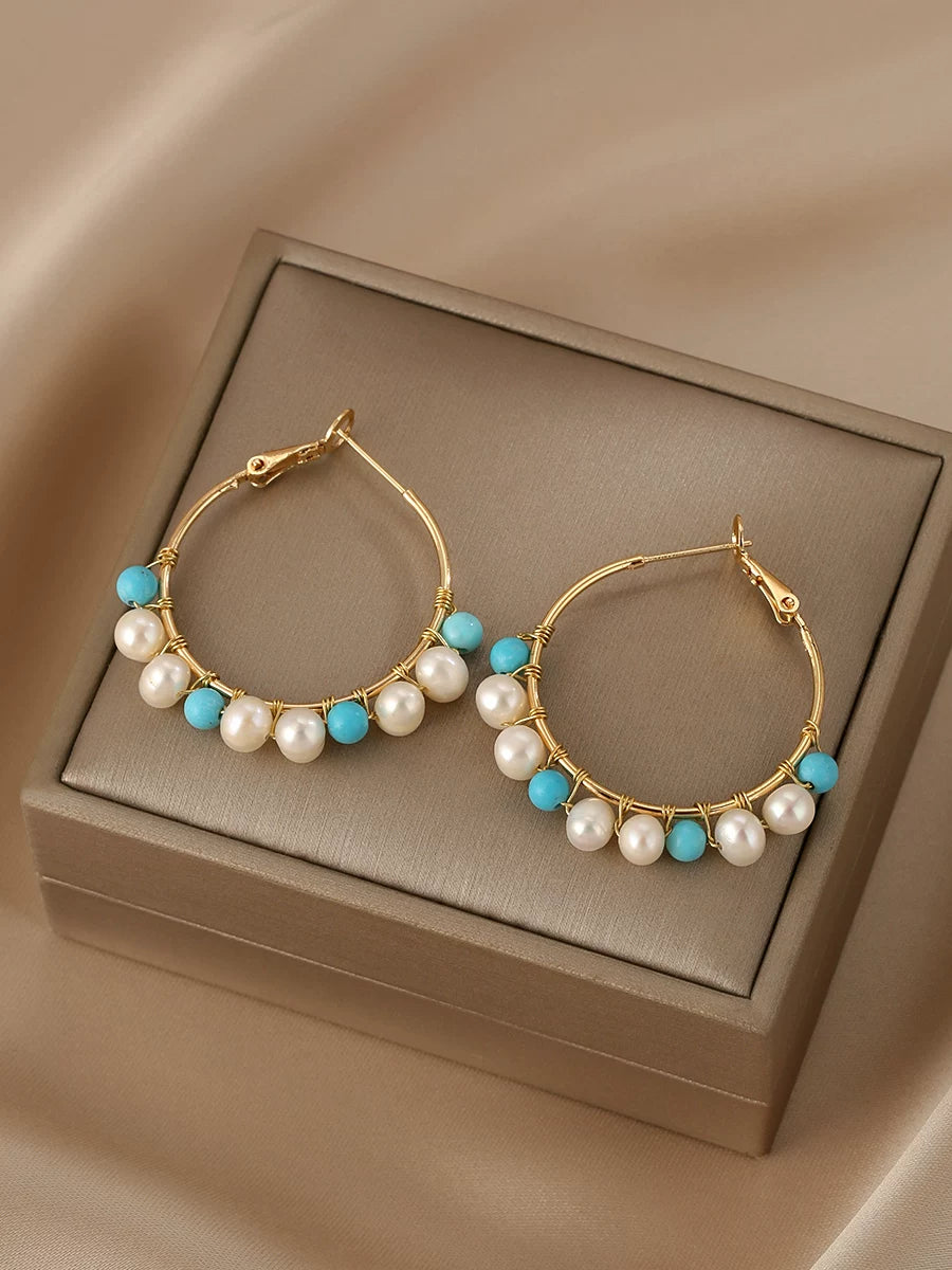 Natural Pearl Hand-Wrapped Turquoise Hoop Earrings for Women – Chinese Style Beaded Round Earrings