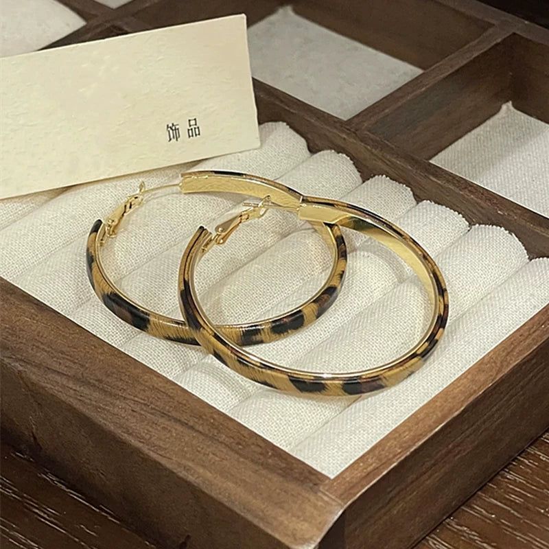 Leopard Print Hoop Earrings for Women – S925 Silver Needle Retro Large Round Earrings