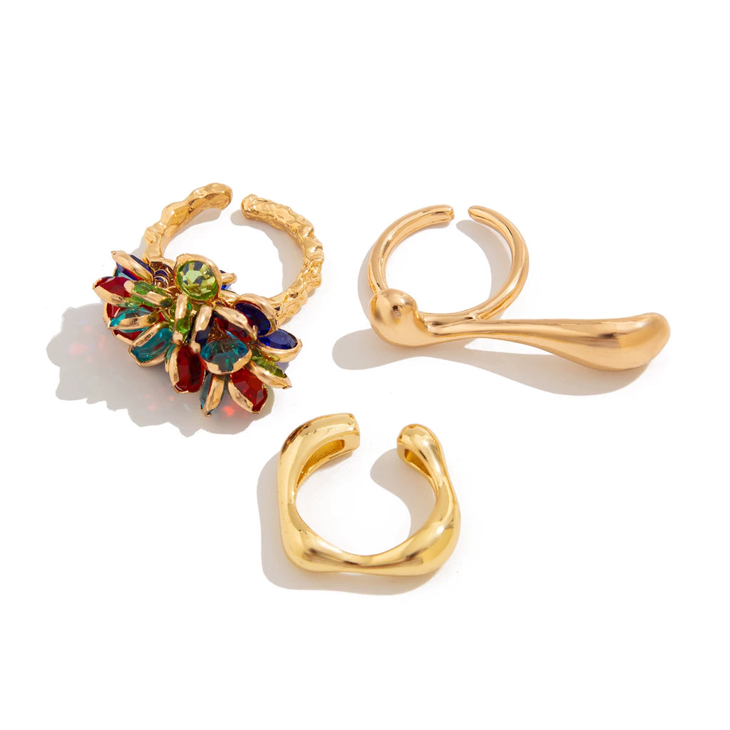 3-Piece Crystal Comma Ring Set European And American Vintage Fashion Girls Photo Shoot With Accessories Trendy