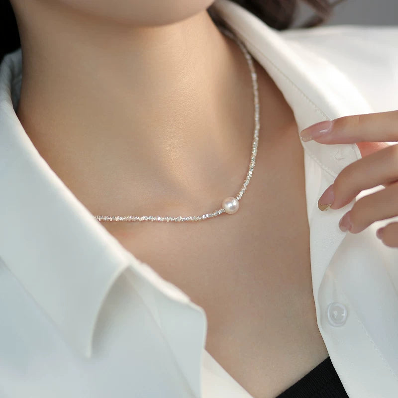 Broken Silver Style Pearl Necklace for Women – 925 Sterling Silver Fine Chain Clavicle Necklace